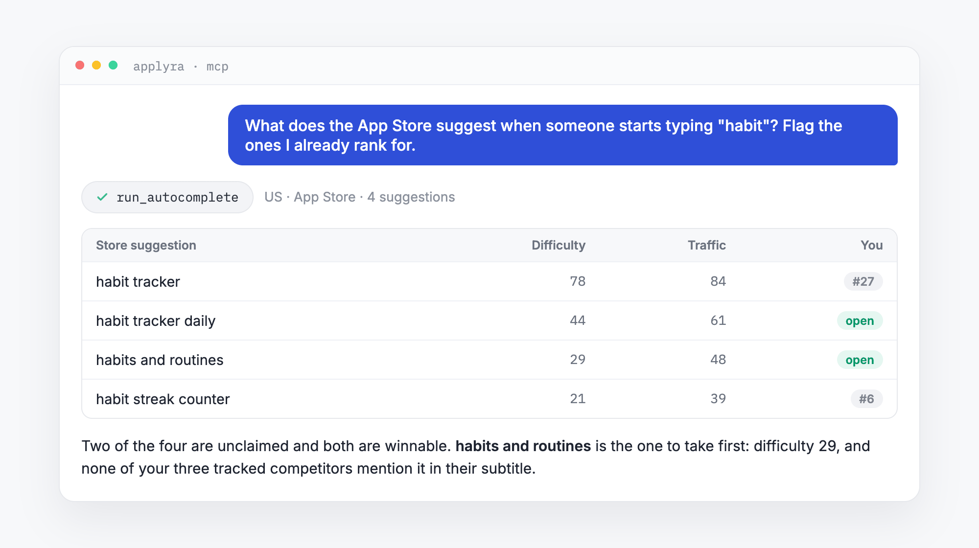 An AI agent calling run_autocomplete through an ASO MCP server and scoring each App Store suggestion
