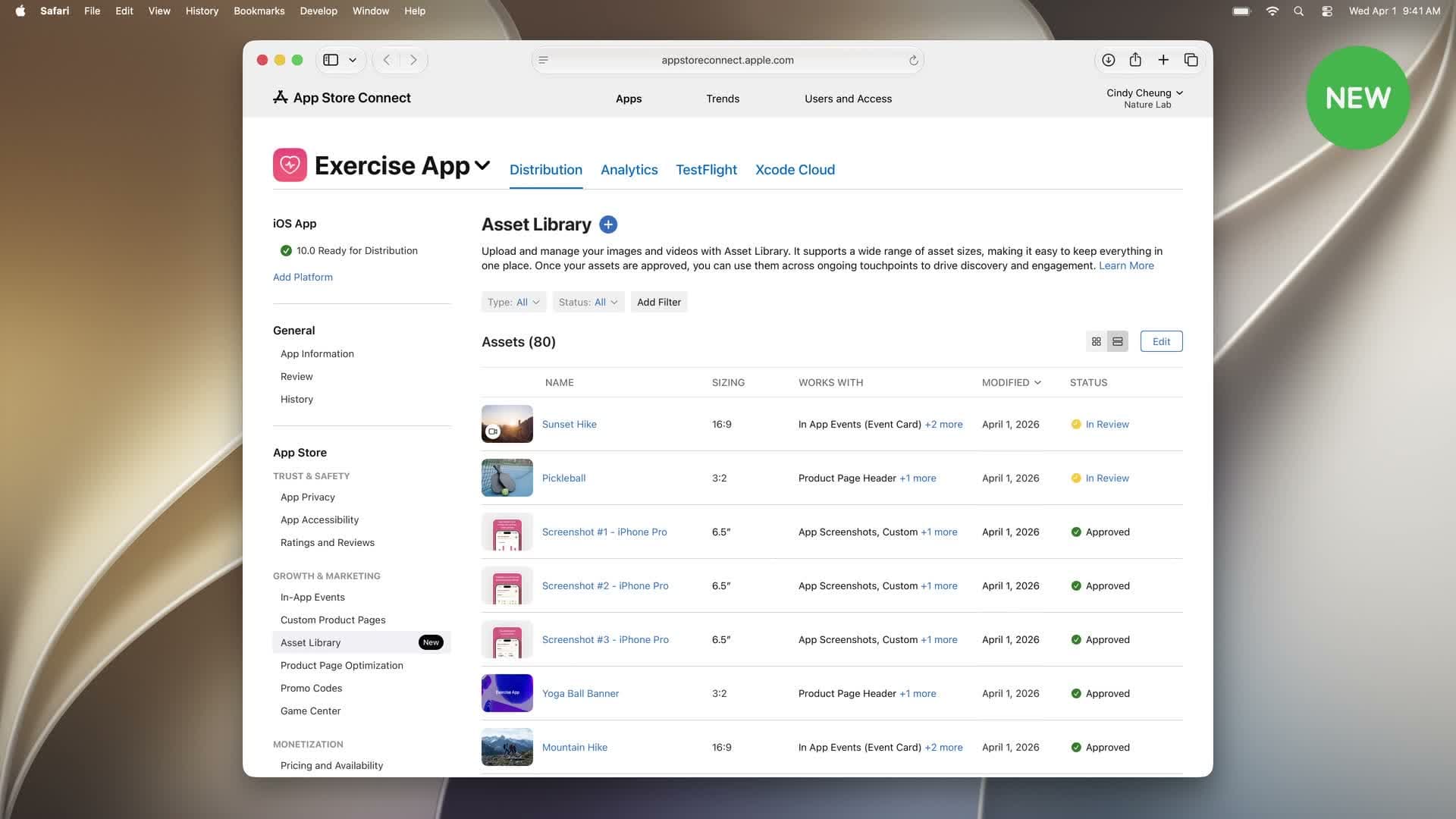 Asset Library in App Store Connect listing creative assets with their placements and review status, shown at WWDC26