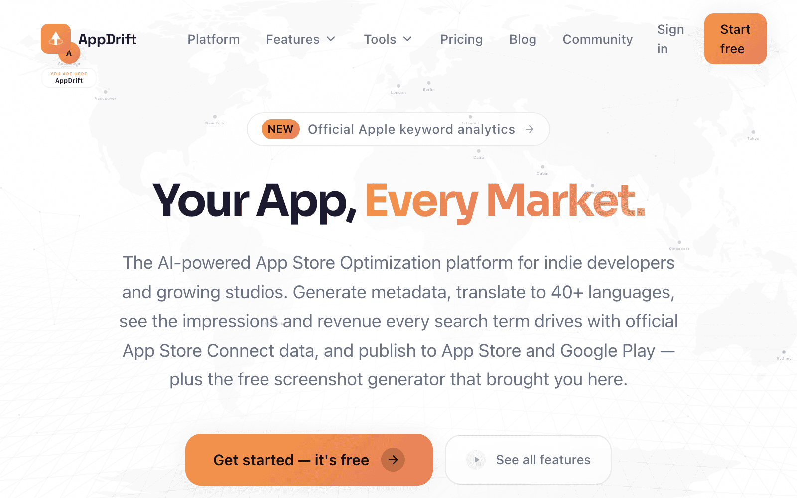 AppDrift homepage, an AI-powered ASO and localization platform for indie developers
