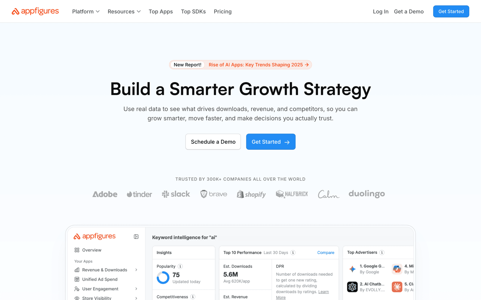 Appfigures homepage, an app analytics and ASO platform covering multiple app stores