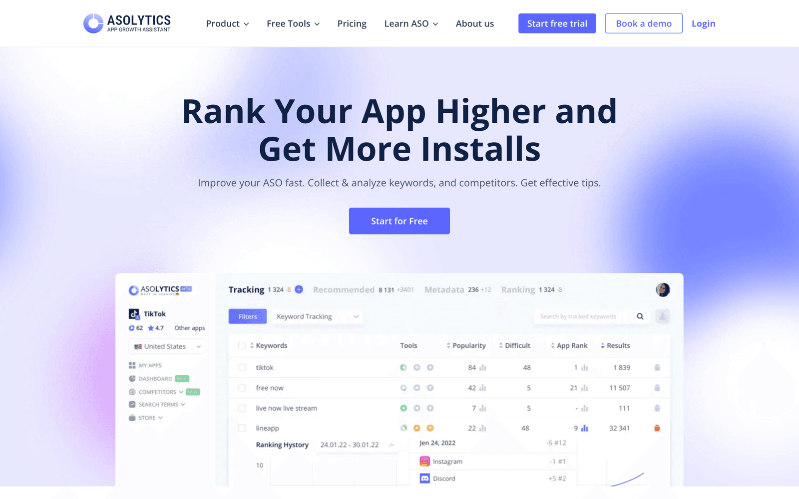 Asolytics homepage, an ASO analytics tool for the App Store and Google Play