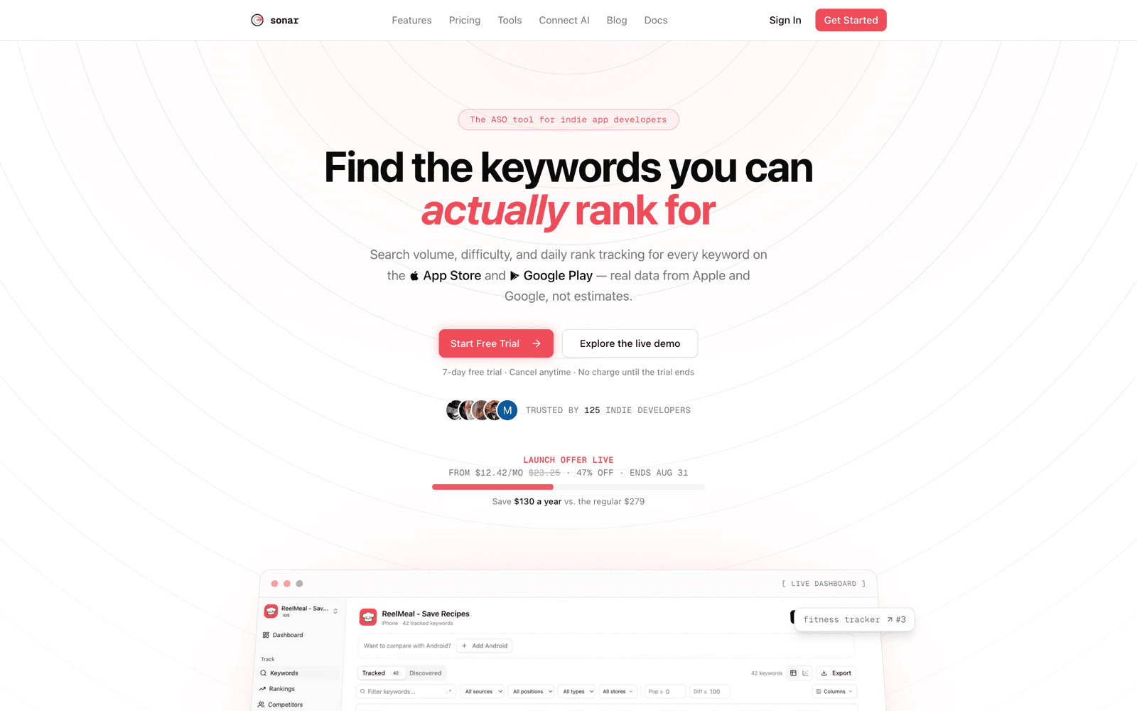 Sonar homepage, an ASO keyword research and rank tracking tool for indie developers