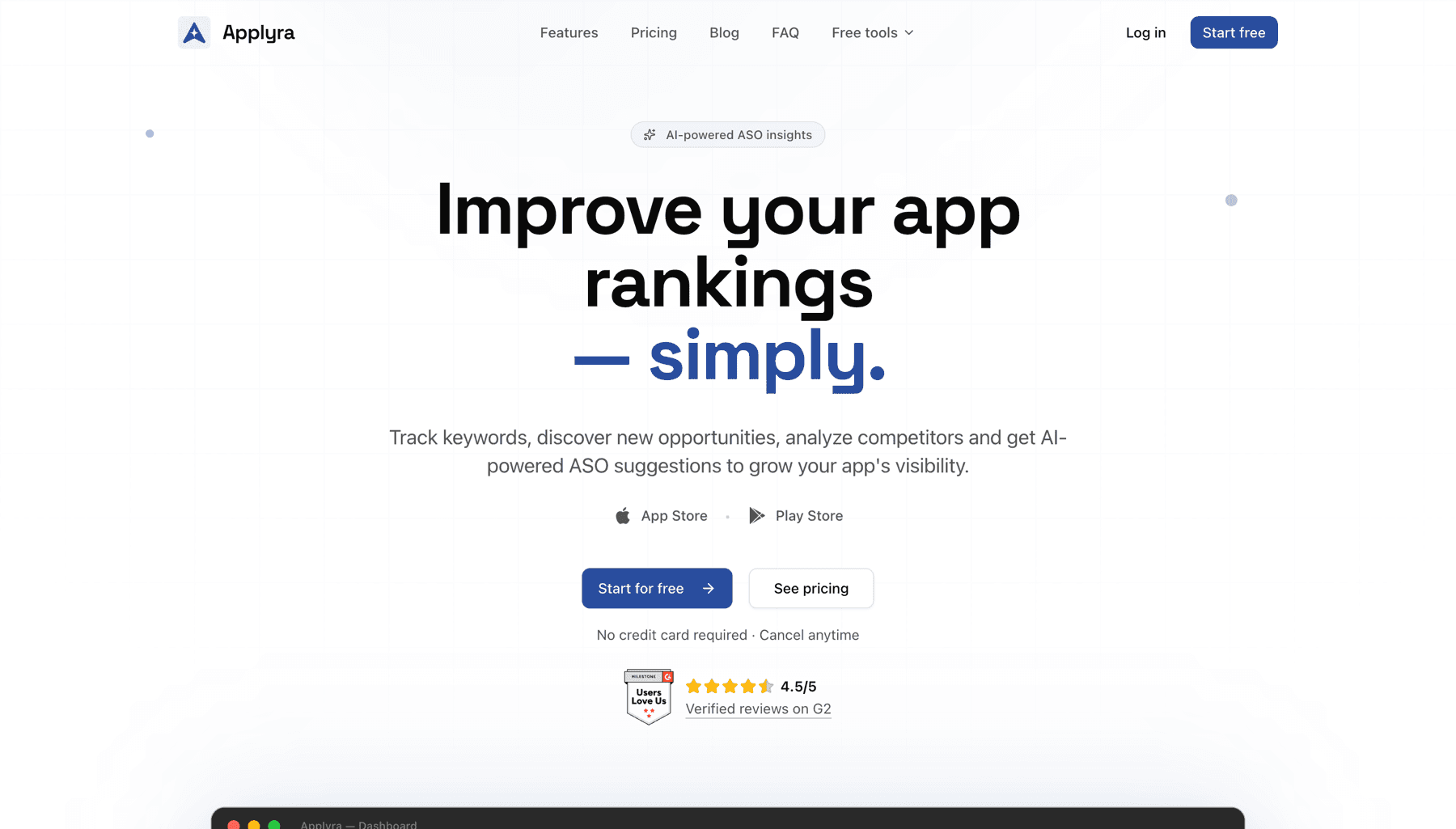 The Applyra homepage: improve your app rankings, simply, with keyword tracking on the App Store and Google Play