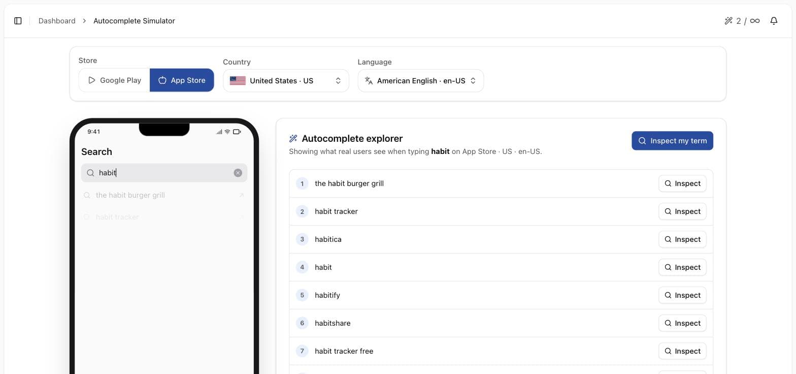 Applyra autocomplete simulator showing the live App Store suggestions for the prefix habit in the United States