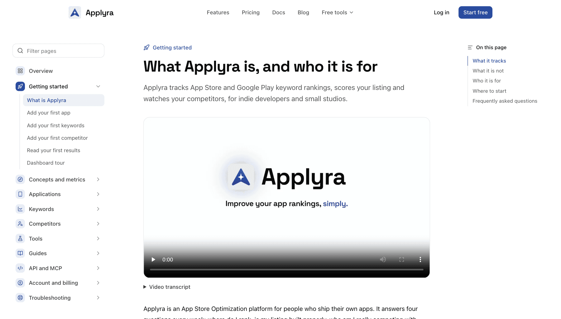 Applyra documentation page with the section navigation, a narrated product video and the table of contents