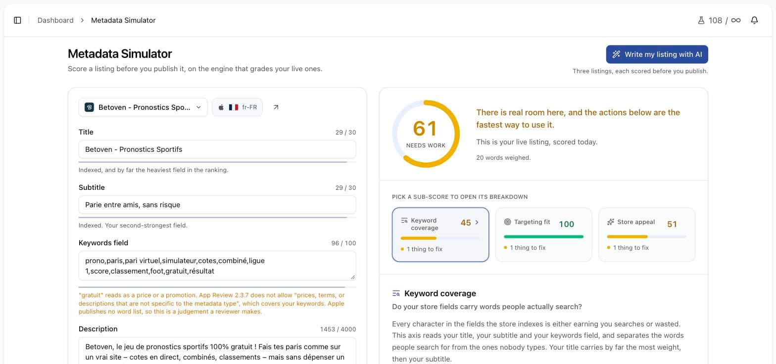 Applyra metadata simulator scoring a draft App Store listing on keyword coverage, targeting fit and store appeal