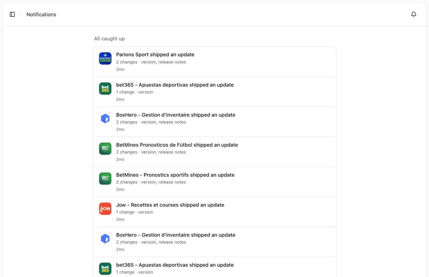 Applyra notifications listing the competitor apps that shipped an update, with the number of listing changes