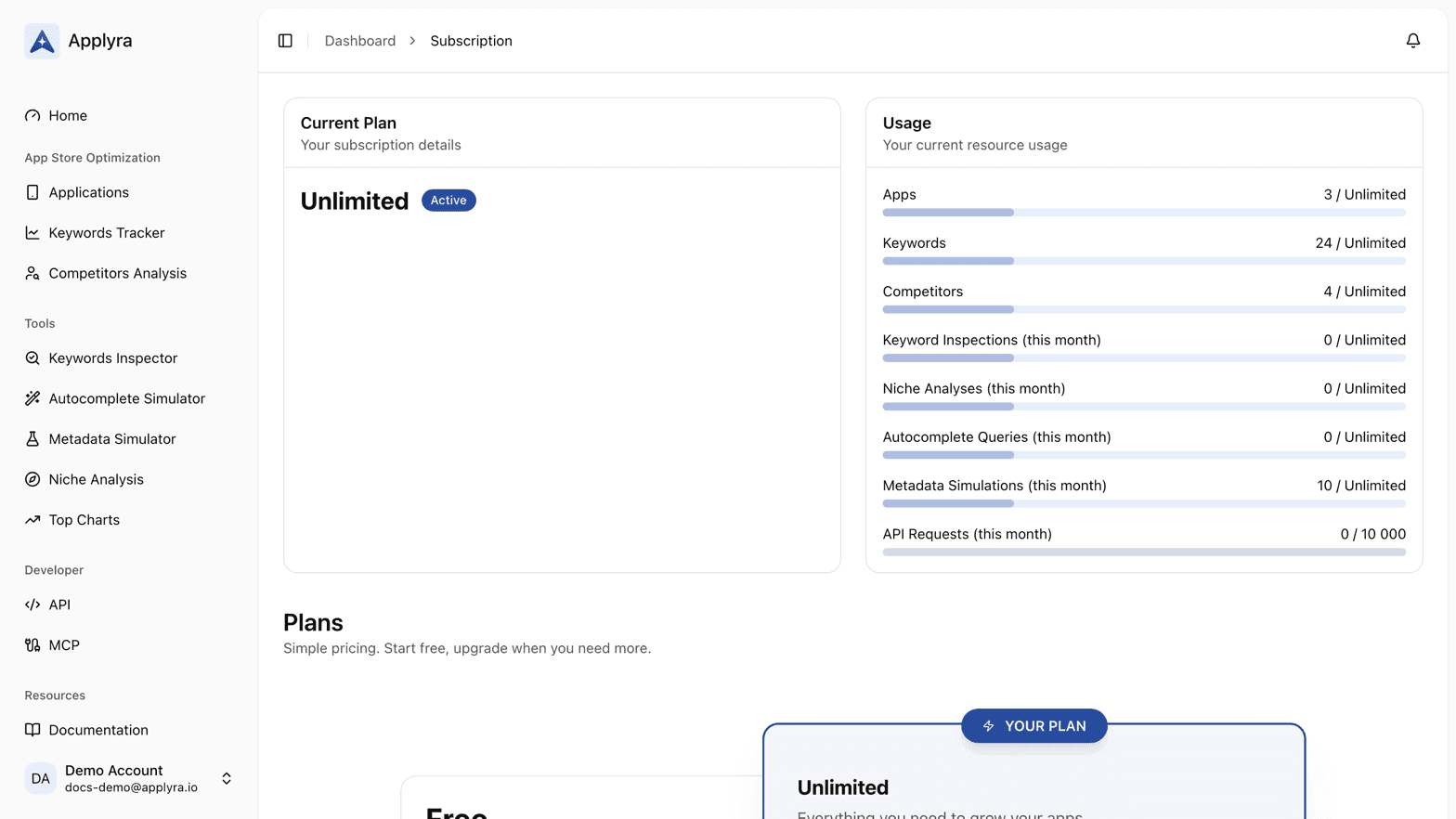 The subscription screen in Applyra, showing the current plan and what it includes.