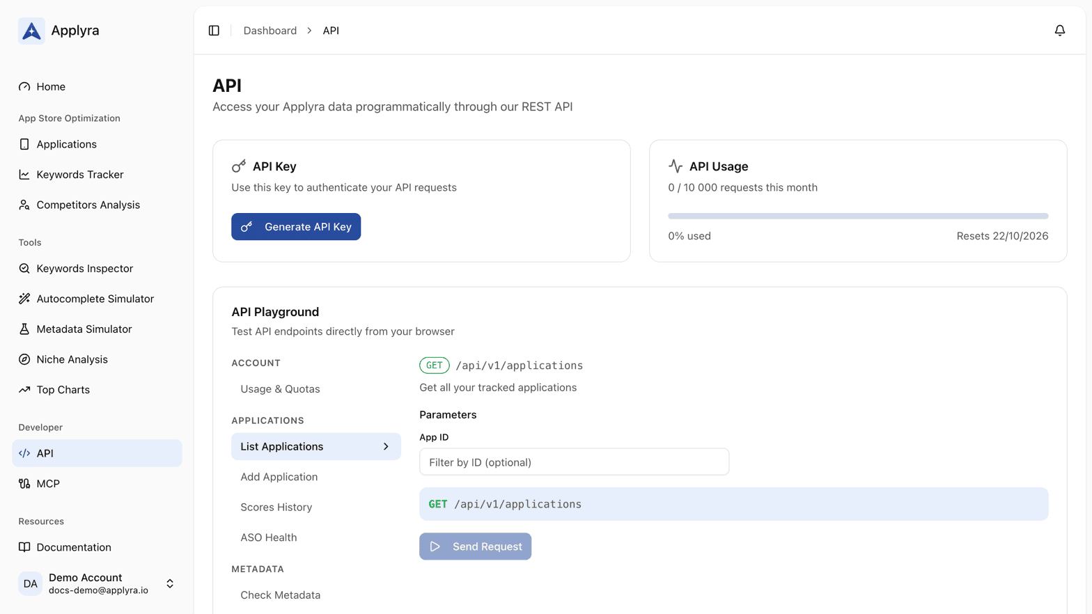 The API screen in Applyra, where the personal API key is generated and the monthly request usage is shown.
