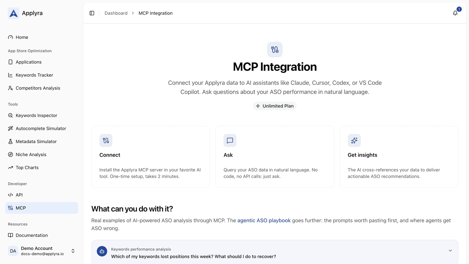 The MCP screen in Applyra, with the connection details for reading ASO data from an AI assistant.