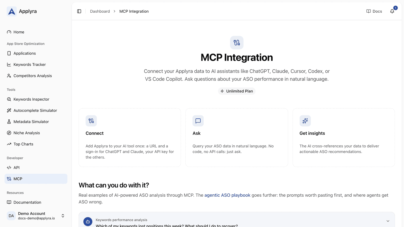 The MCP screen in Applyra, with the connection details for reading ASO data from an AI assistant.