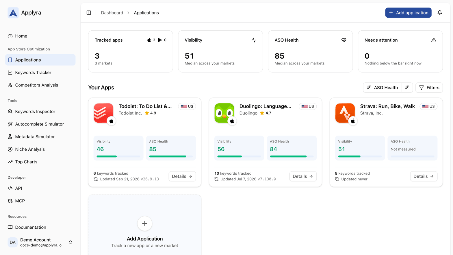 The Applications list in Applyra, one row per app and market, each with its own visibility score.