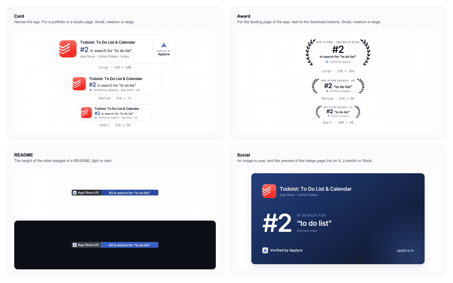 The verified badge formats for Todoist, ranked #2 in App Store search for to do list in the United States: the card and the award laurel in their large, medium and small sizes, the README badge in light and dark, and the social image.