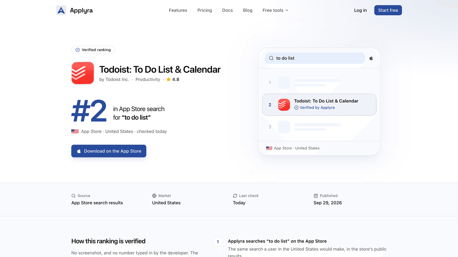 The public page of a verified badge: Todoist ranked #2 in App Store search for to do list in the United States, checked today, with a Download on the App Store button and the search results drawn around the app.