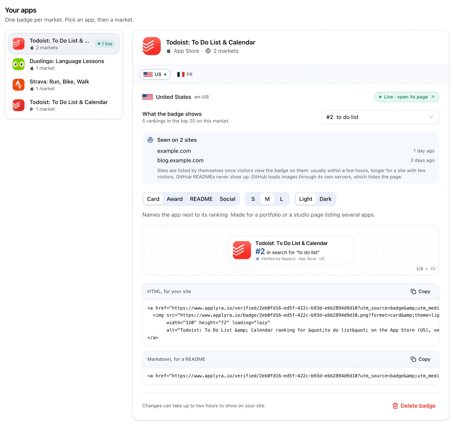 The verified badge screen in Applyra: Todoist selected, its United States market live with the ranking #2 for to do list, the sites the badge was seen on, the medium card preview with the format, size and theme tabs, and the HTML and Markdown snippets.