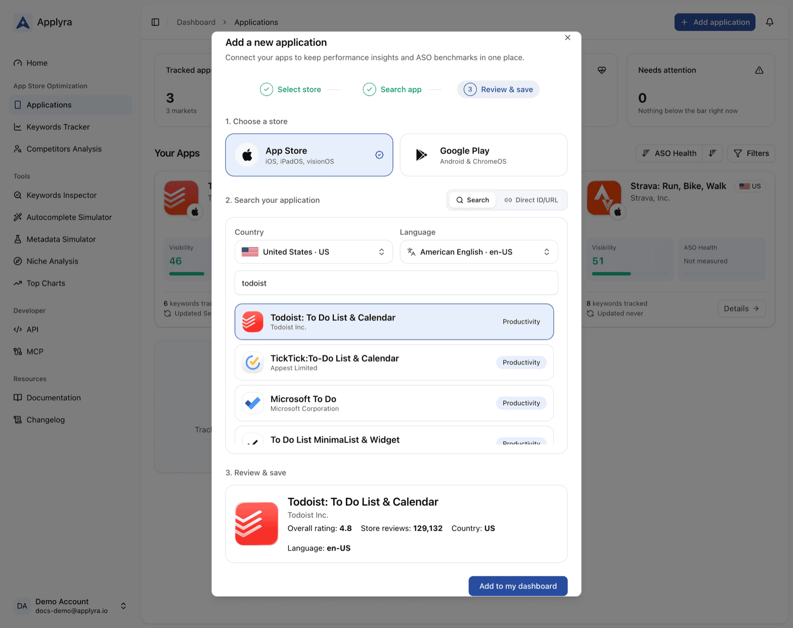 The Add a new application dialog in Applyra: the App Store picked, Todoist found by name, its country and language, and the review step before saving.