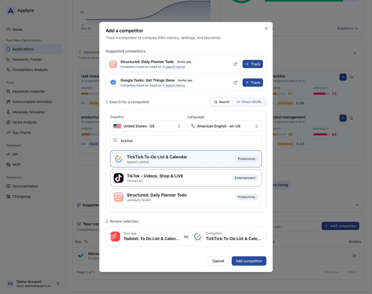 The Add a competitor dialog in Applyra: suggested competitors with their shared search terms, TickTick found by name, and the review step comparing it with Todoist.