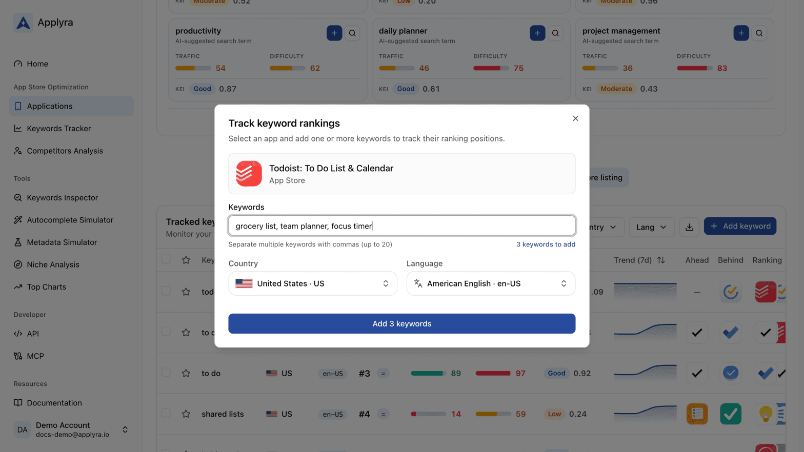 The Track keyword rankings dialog open on a Todoist app page in Applyra, with three keywords typed in and the country and language of the market.