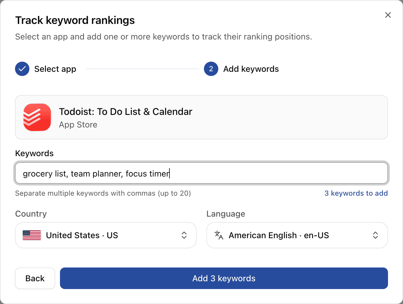 The Track keyword rankings dialog in Applyra: the app picked, three keywords typed as a comma separated list, the counter, and the country and language they will be tracked in.