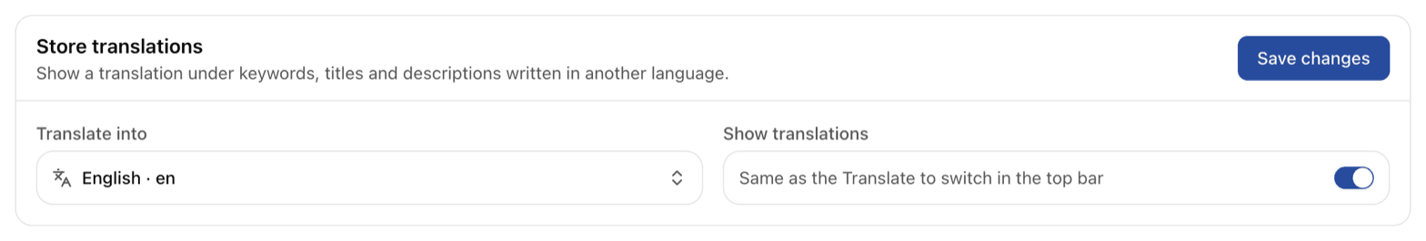 The Store translations card in the Applyra Account screen, with Translate into set to English and Show translations switched on.