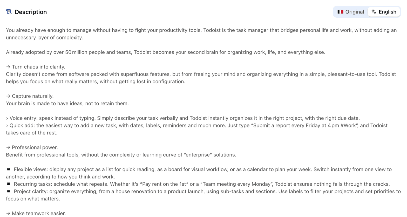 The description of Todoist's French App Store listing in Applyra, shown in English with an Original / English switch above the text.