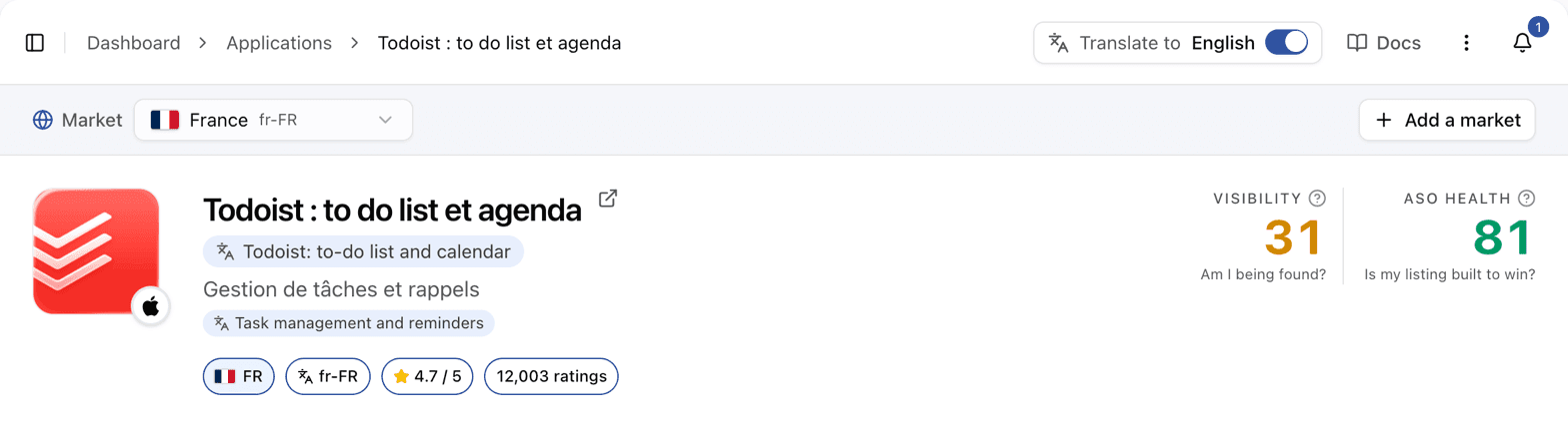 The Applyra app page of Todoist on the French App Store with Translate to English switched on in the top bar, the French app name and subtitle each followed by their English translation.