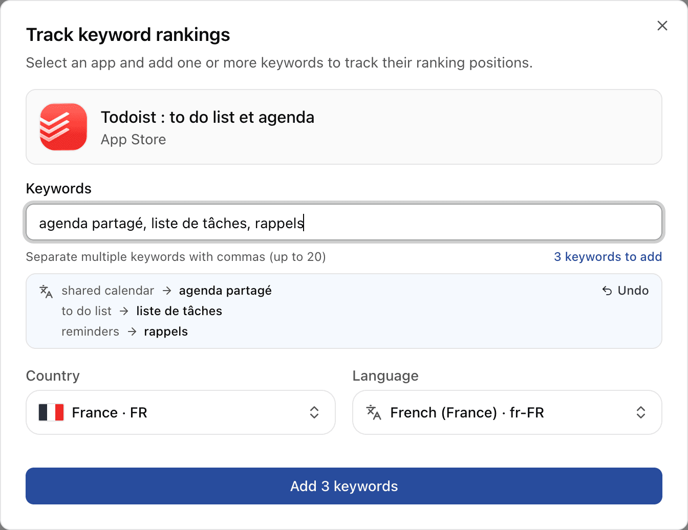 The Track keyword rankings dialog in Applyra for Todoist on the French App Store, with shared calendar, to do list and reminders translated to French as agenda partagé, liste de tâches and rappels, and an Undo link.