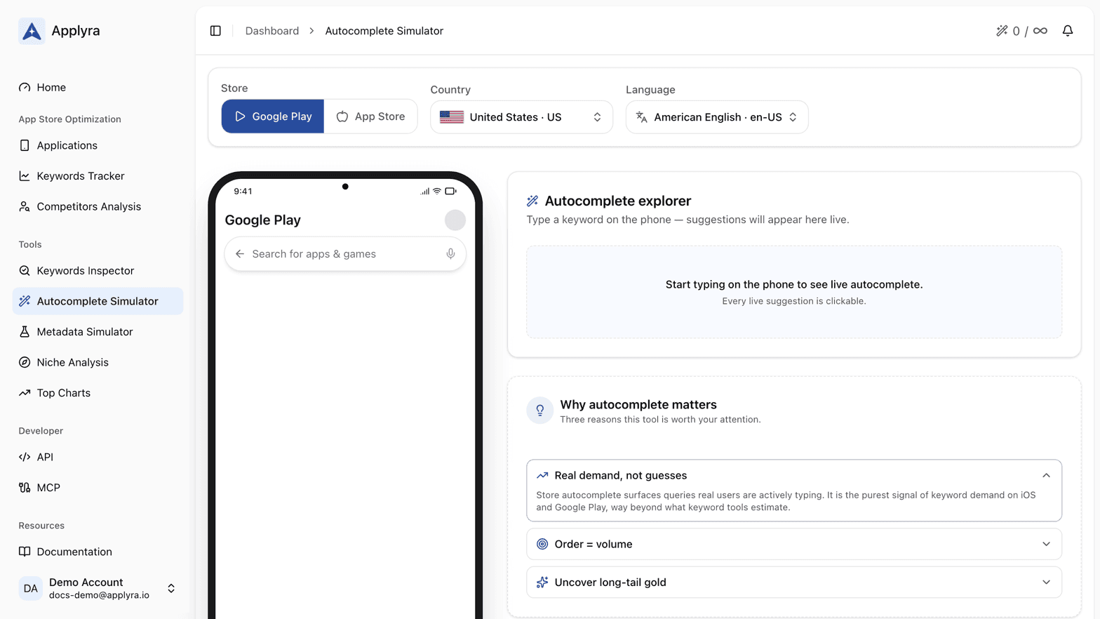 The Applyra Autocomplete Simulator, reproducing the App Store and Google Play search suggestions for a typed prefix.