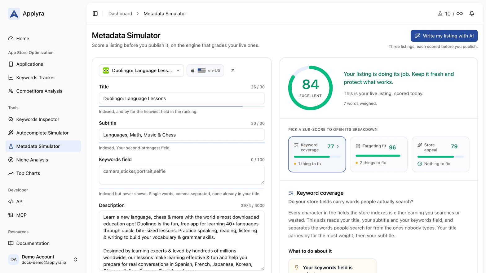 The Applyra Metadata Simulator scoring a draft listing, with keyword coverage, targeting fit and store appeal broken out.